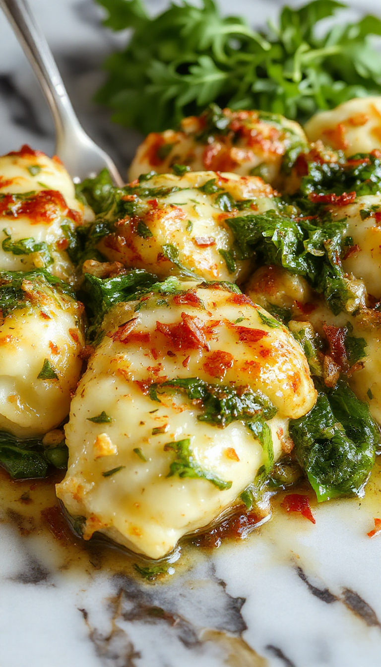 A vibrant, colorful plate featuring golden baked gnocchi topped with fresh green spinach and a swirl of creamy pesto, garnished with grated cheese and basil leaves, styled elegantly on a rustic wooden table.