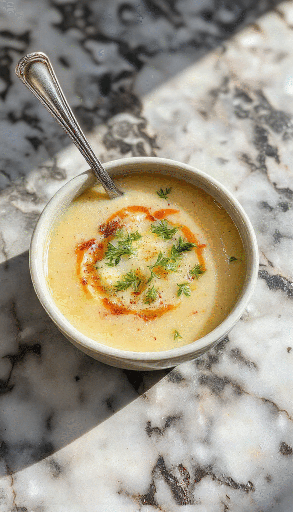 A warm bowl of creamy Polish potato soup topped with chopped chives and sour cream, served on a rustic wooden table with fresh herbs and slices of bread in the background, highlighting the smooth texture and comforting presentation.
