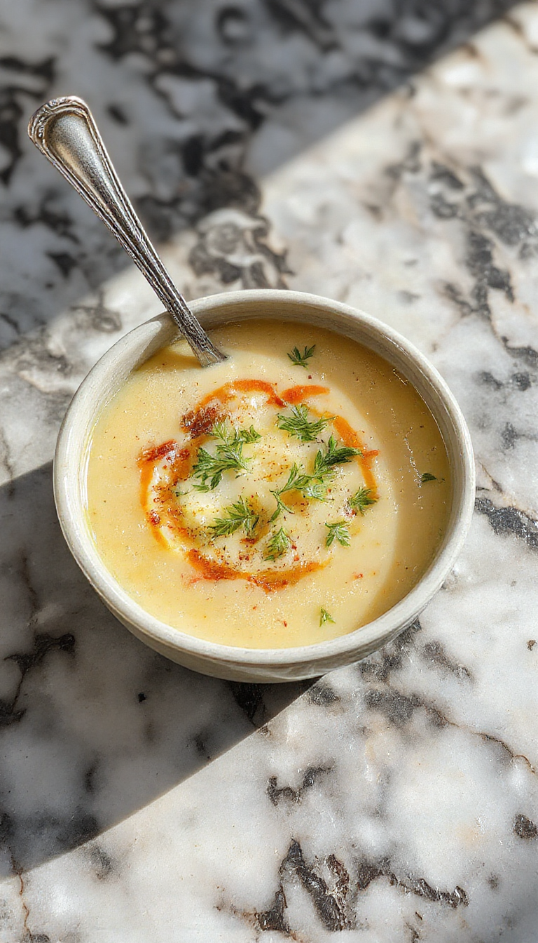 A warm bowl of creamy Polish potato soup topped with chopped chives and sour cream, served on a rustic wooden table with fresh herbs and slices of bread in the background, highlighting the smooth texture and comforting presentation.