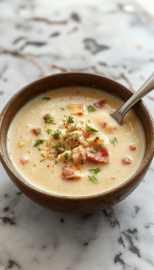 A cozy bowl of creamy Reuben soup garnished with fresh parsley, slices of rye bread on the side, melting Swiss cheese, and vibrant sauerkraut topping, all on a rustic wooden table with a warm ambiance.
