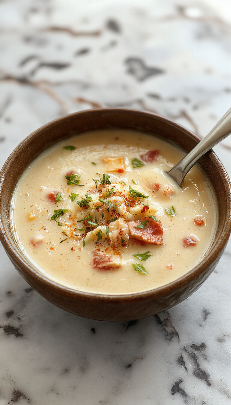 A cozy bowl of creamy Reuben soup garnished with fresh parsley, slices of rye bread on the side, melting Swiss cheese, and vibrant sauerkraut topping, all on a rustic wooden table with a warm ambiance.