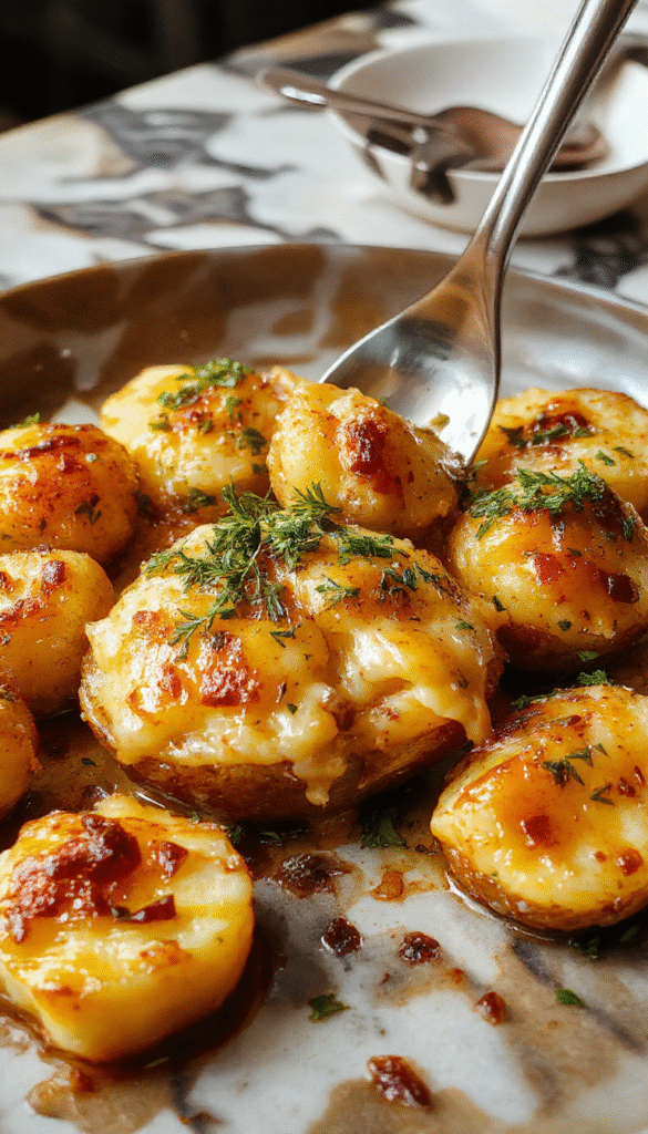 A close-up of golden-brown roasted garlic potatoes au gratin served in a rustic dish. The top is bubbly with melted cheese, garnished with fresh herbs, and the potatoes are tender with a crispy crust.