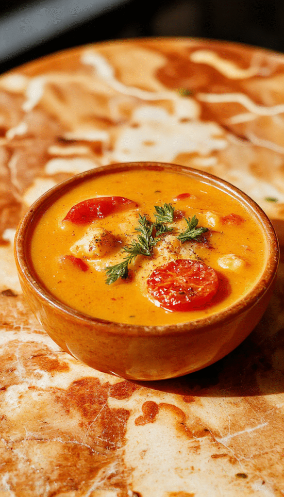 A vibrant bowl of roasted tomato soup garnished with fresh basil leaves, served in a rustic white bowl on a wooden table with a side of toasted bread, steam rising, colorful herbs, and a drizzle of olive oil.