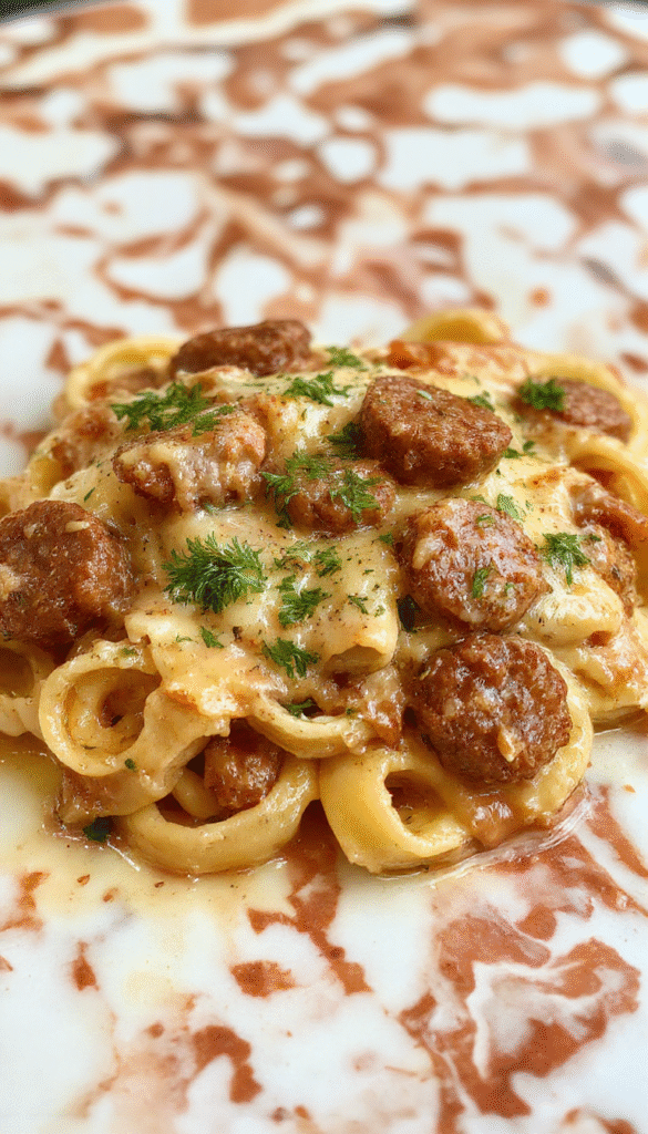 A vibrant plate of creamy sausage rigatoni showcasing golden-brown sausage slices, coated in a luscious white sauce, garnished with chopped parsley and grated cheese. The rigatoni pasta is perfectly cooked, with ridges catching the sauce, served on a white ceramic plate with a rustic wooden background for a warm, inviting look.
