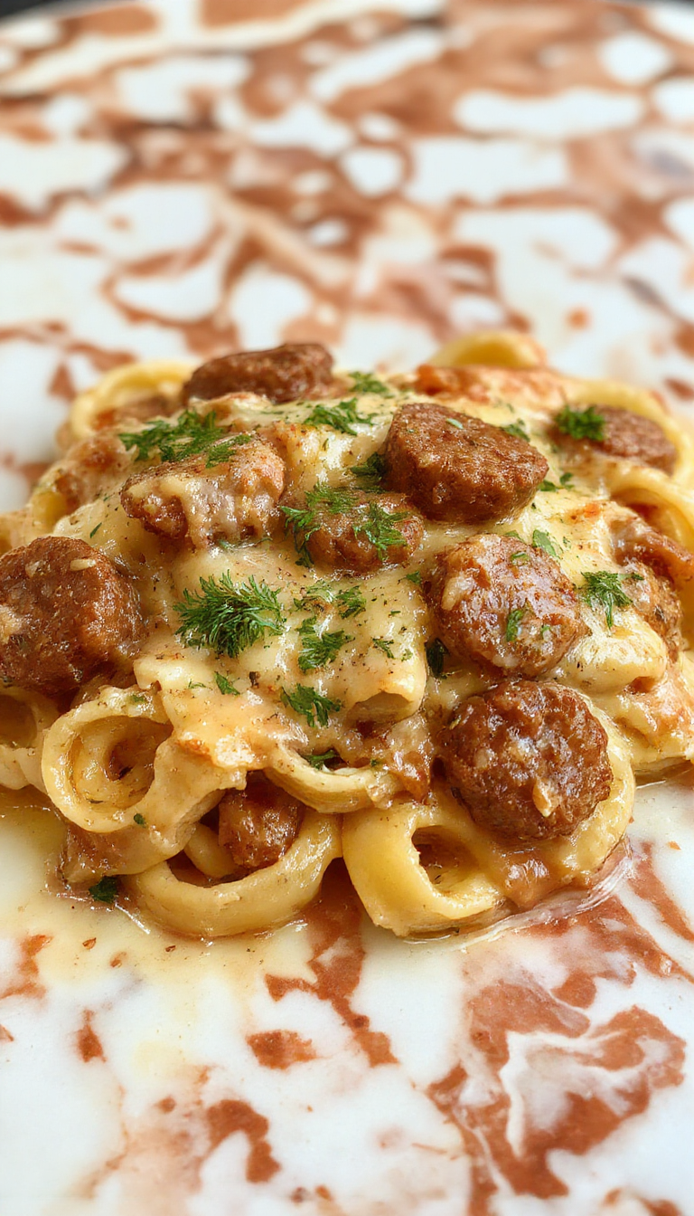 A vibrant plate of creamy sausage rigatoni showcasing golden-brown sausage slices, coated in a luscious white sauce, garnished with chopped parsley and grated cheese. The rigatoni pasta is perfectly cooked, with ridges catching the sauce, served on a white ceramic plate with a rustic wooden background for a warm, inviting look.