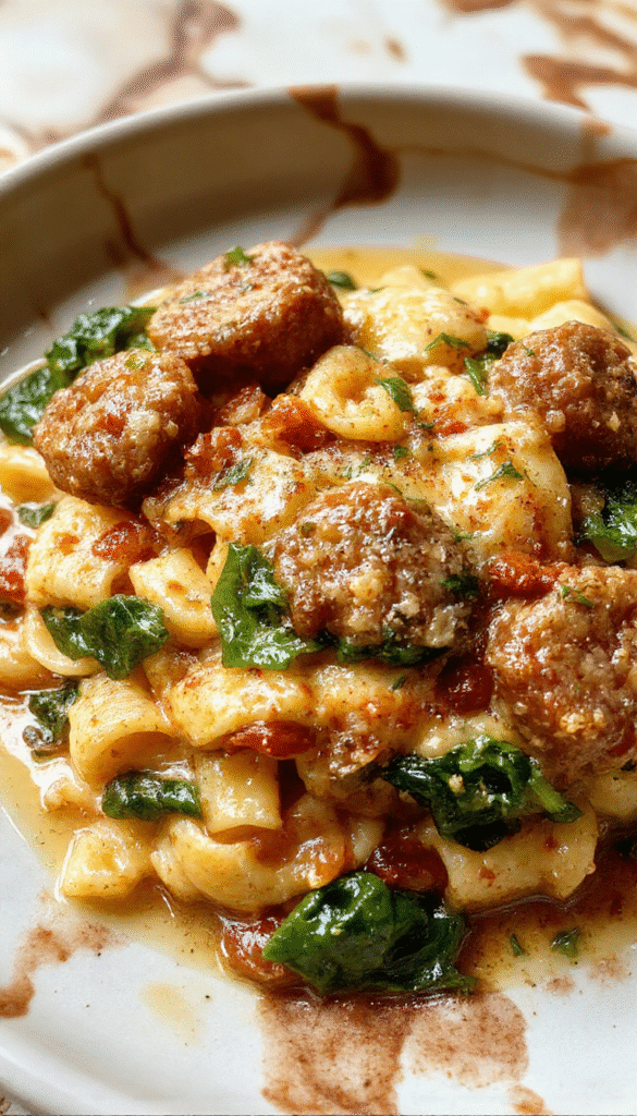 A vibrant plate of creamy sausage rigatoni pasta topped with fresh spinach, diced tomatoes, and a generous drizzle of garlic cream sauce. The rigatoni is perfectly coated in a rich, white sauce, garnished with chopped herbs and grated cheese, styled on a rustic wooden table with fresh ingredients around.