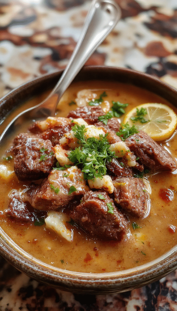 A vibrant bowl of slow cooker beef coconut curry featuring tender beef chunks immersed in a rich, creamy coconut sauce, garnished with fresh herbs and served with steamed rice. The curry has a glossy texture with visible spices and tender vegetables, plated on a rustic wooden table with a side of naan bread.
