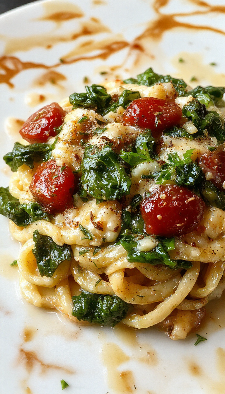 A vibrant plate of spinach and cherry tomato pasta garnished with fresh basil, showcasing tender spaghetti coated in a creamy sauce with bright green spinach and juicy red tomatoes, styled on a white dinner plate with a rustic wooden background.