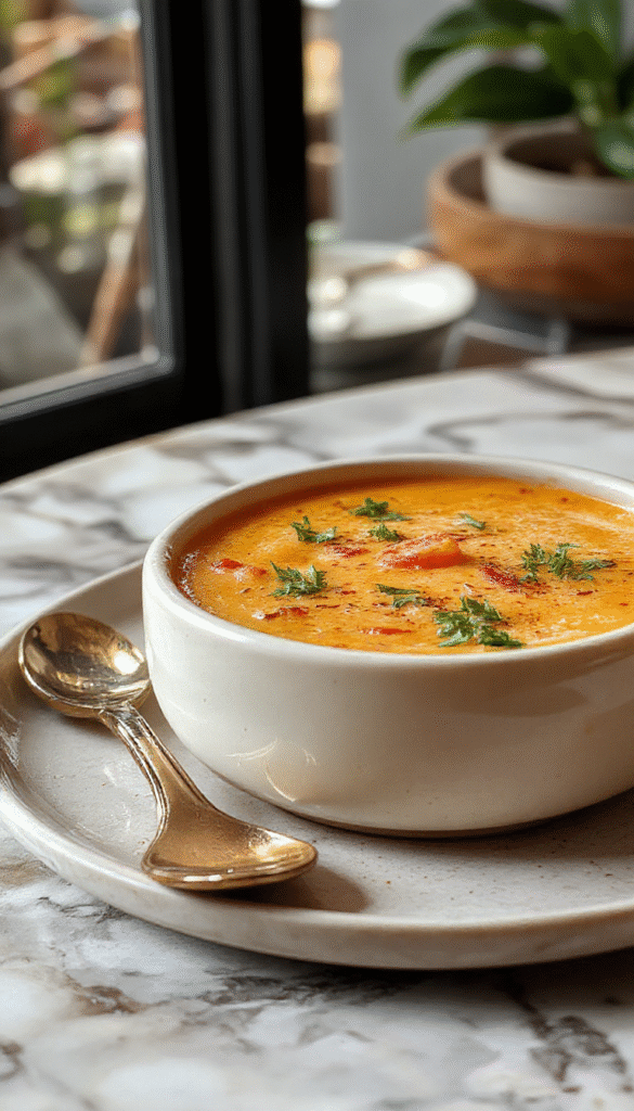 A vibrant bowl of creamy tomato soup garnished with fresh basil leaves, served with crusty bread slices on a rustic wooden table, showcasing its smooth texture and bright red color.