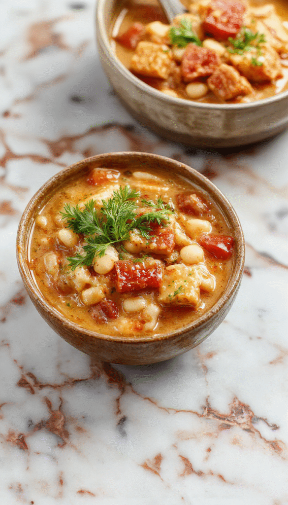 A vibrant bowl of creamy vegan tomato white bean stew featuring chunky white beans, diced ripe tomatoes, and fresh herbs, served in a rustic white bowl with a garnish of chopped parsley on a wooden table, with a backdrop of colorful vegetables and a spoon resting beside the dish, highlighting the rich textures and comforting appeal.