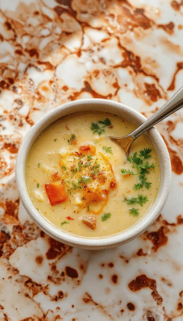 A vibrant bowl of creamy vegetable soup showcases colorful chopped carrots, celery, spinach, and zucchini topped with fresh herbs, served in a rustic white bowl on a wooden table with a creamy texture visible and steam rising, styled with a spoon and a napkin for inviting presentation.