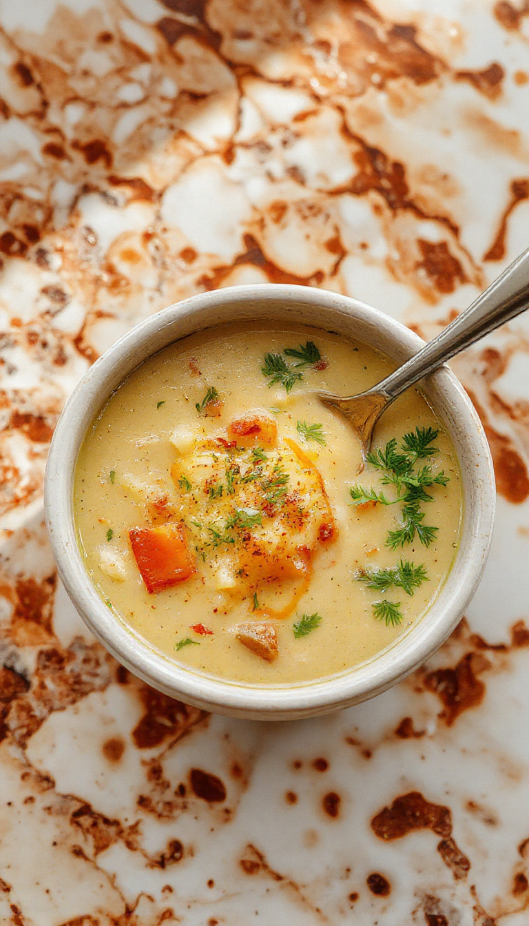 A vibrant bowl of creamy vegetable soup showcases colorful chopped carrots, celery, spinach, and zucchini topped with fresh herbs, served in a rustic white bowl on a wooden table with a creamy texture visible and steam rising, styled with a spoon and a napkin for inviting presentation.