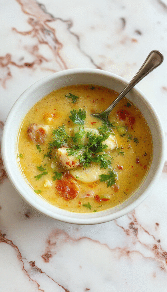 A vibrant bowl of creamy vegetable soup with a smooth texture, garnished with fresh herbs and colorful vegetables, served on a rustic wooden table with a spoon beside it, highlighting the rich, inviting colors and creamy consistency.