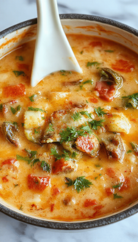 A steaming bowl of creamy vegetable soup topped with fresh herbs, colorful diced vegetables like carrots, celery, and potatoes, served on a rustic wooden table with a spoon, vibrant and inviting.