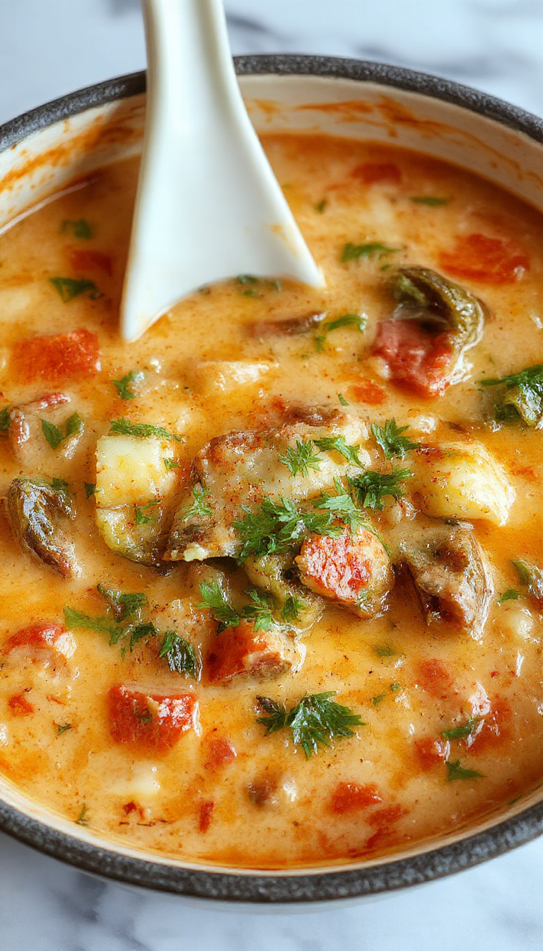 A steaming bowl of creamy vegetable soup topped with fresh herbs, colorful diced vegetables like carrots, celery, and potatoes, served on a rustic wooden table with a spoon, vibrant and inviting.