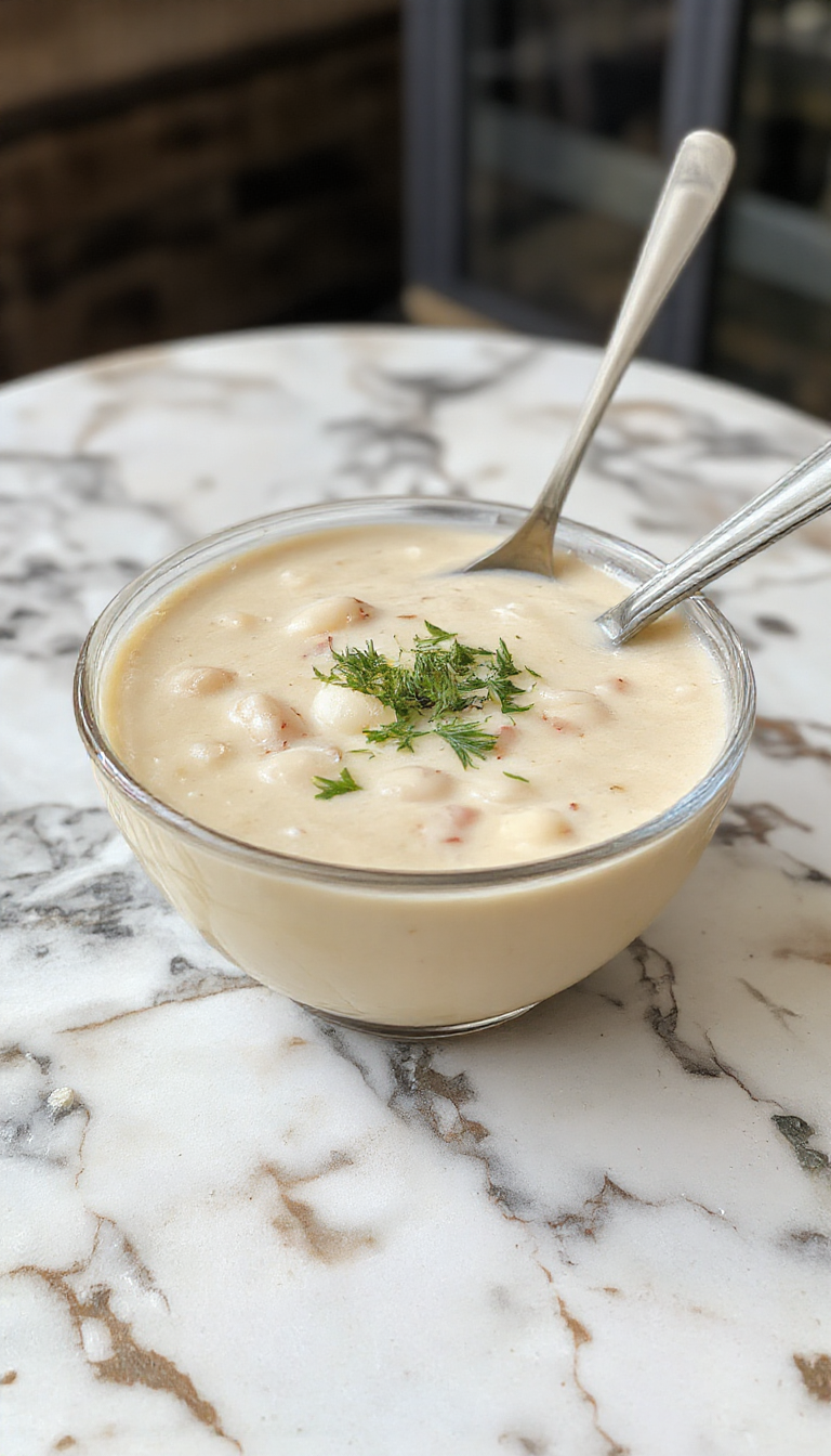 A vibrant bowl of creamy white bean soup garnished with fresh herbs, served in a rustic white ceramic bowl on a wooden table, with a spoon resting beside it, highlighting the smooth texture and fresh green toppings.
