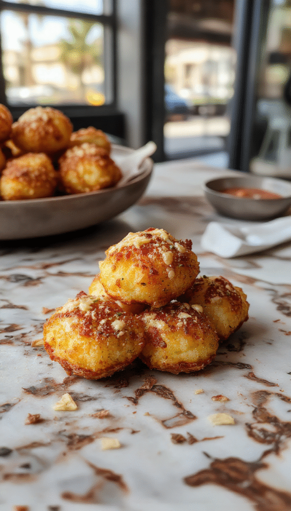 Colorful platter of crispy golden tater tot bites topped with melted cheese, sliced green onions, and crumbles of bacon, arranged on a white plate with a sprinkle of herbs, inviting and vibrant.