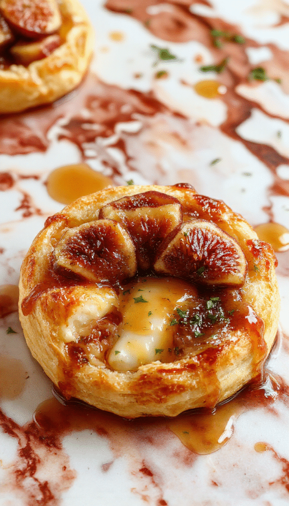 A golden-brown puff pastry square topped with a melted creamy Brie cheese, drizzled with golden honey, garnished with sliced fresh figs and a sprig of thyme, styled on a rustic white plate with a light wooden background.