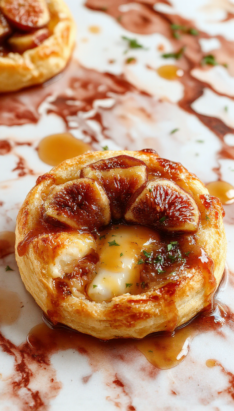 A golden-brown puff pastry square topped with a melted creamy Brie cheese, drizzled with golden honey, garnished with sliced fresh figs and a sprig of thyme, styled on a rustic white plate with a light wooden background.