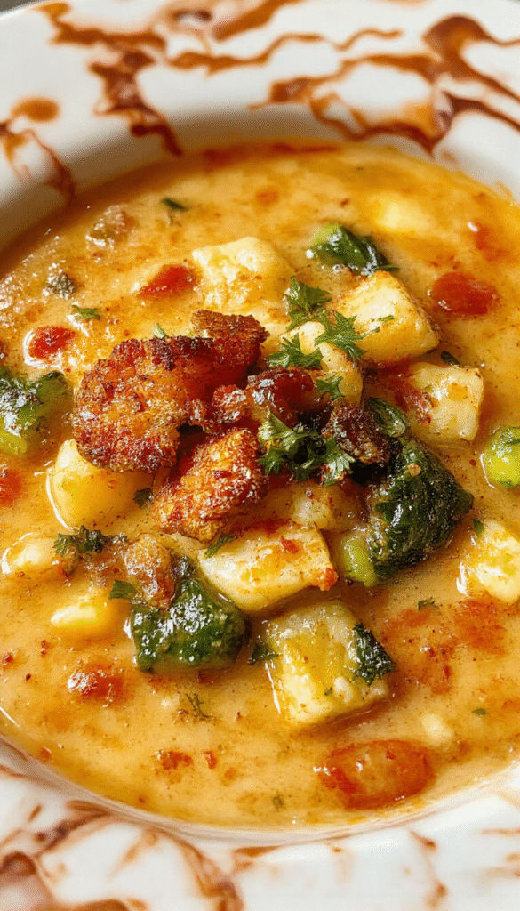 Colorful bowl of vegetable soup with assorted fresh vegetables like carrots, zucchini, and spinach, topped with herbs, served in a rustic bowl with a spoon on a wooden table