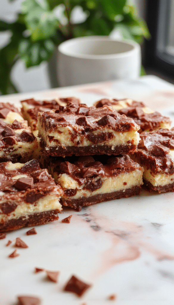 A close-up of rich, creamy cheesecake bars topped with semi-sweet chocolate chips on a rustic wooden platter, with a dusting of powdered sugar, golden edges, and a glossy chocolate glaze, styled with fresh berries and mint leaves for an inviting presentation.