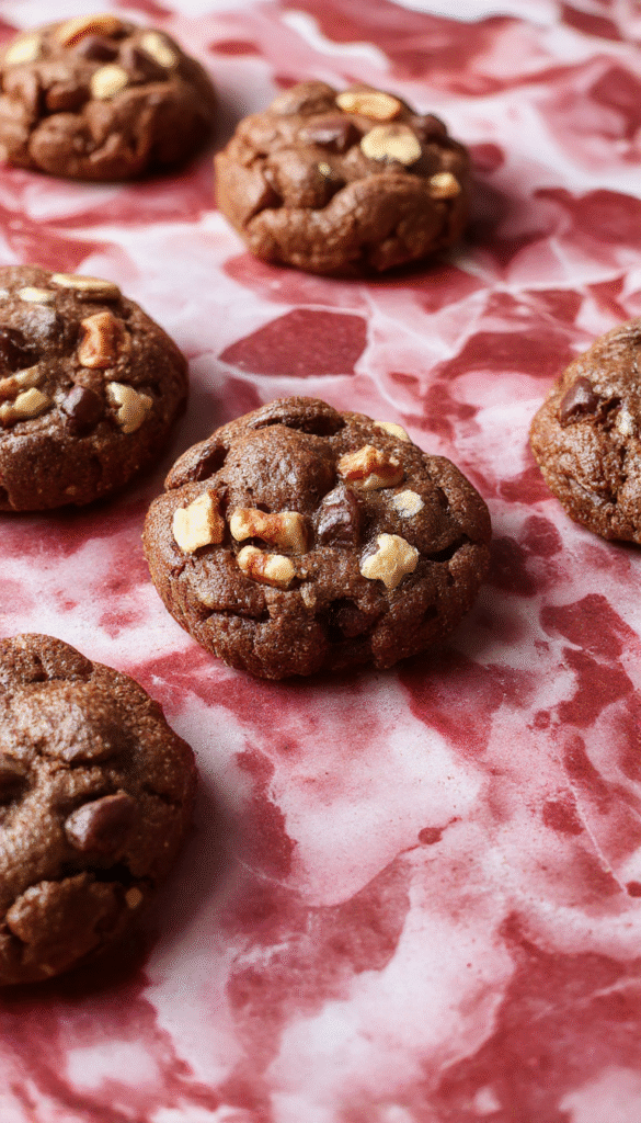 A close-up of a golden-brown chocolate walnut cookie topped with melty chocolate chunks and crunchy walnut pieces, placed on a rustic wooden surface with crumbs scattered around, highlighting the rich textures and inviting appearance.