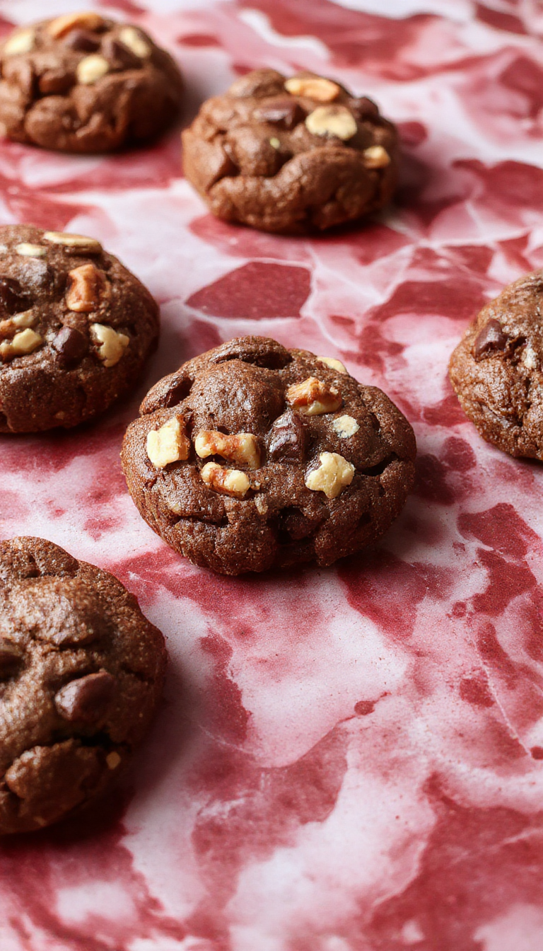 A close-up of a golden-brown chocolate walnut cookie topped with melty chocolate chunks and crunchy walnut pieces, placed on a rustic wooden surface with crumbs scattered around, highlighting the rich textures and inviting appearance.