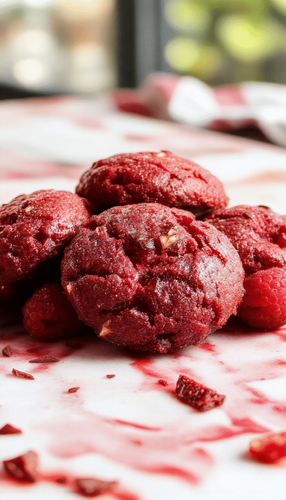 A close-up of golden-brown raspberry butter crumble cookies arranged on a white plate with fresh raspberries and a dusting of powdered sugar, showcasing their crumbly texture and vibrant berry filling against a rustic wooden background.