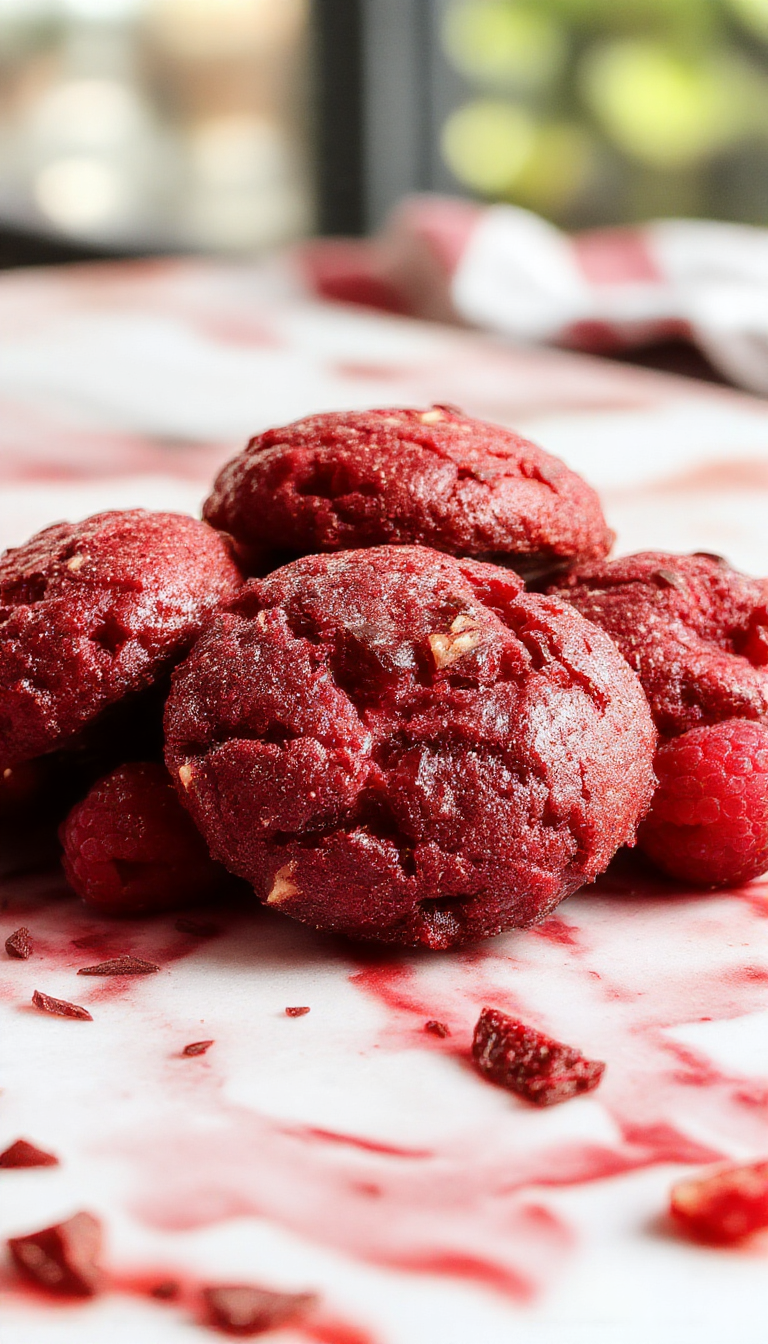 A close-up of golden-brown raspberry butter crumble cookies arranged on a white plate with fresh raspberries and a dusting of powdered sugar, showcasing their crumbly texture and vibrant berry filling against a rustic wooden background.