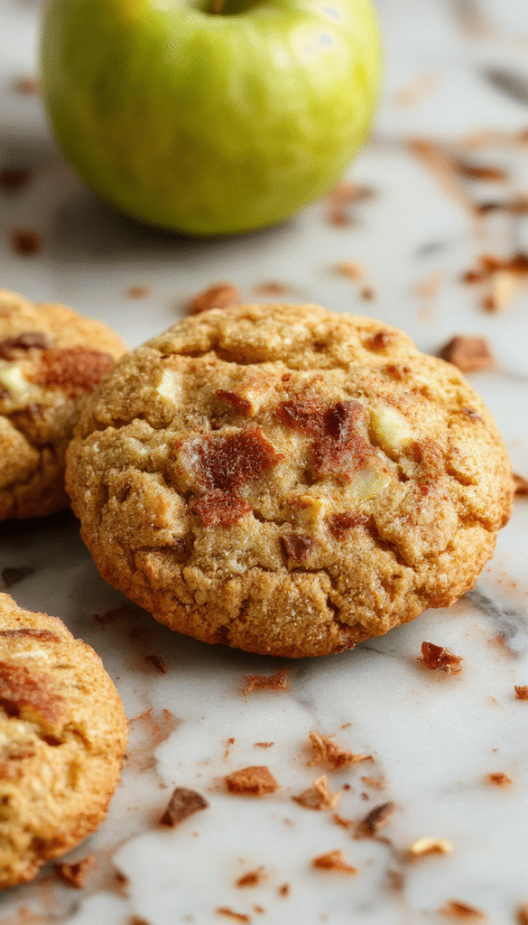 A close-up of golden-brown apple cinnamon snickerdoodle cookies arranged on a rustic wooden platter, showcasing their cinnamon sugar coating, with visible apple bits and a slightly cracked surface, styled with a sprinkle of cinnamon on top and a cozy kitchen background with soft natural lighting.