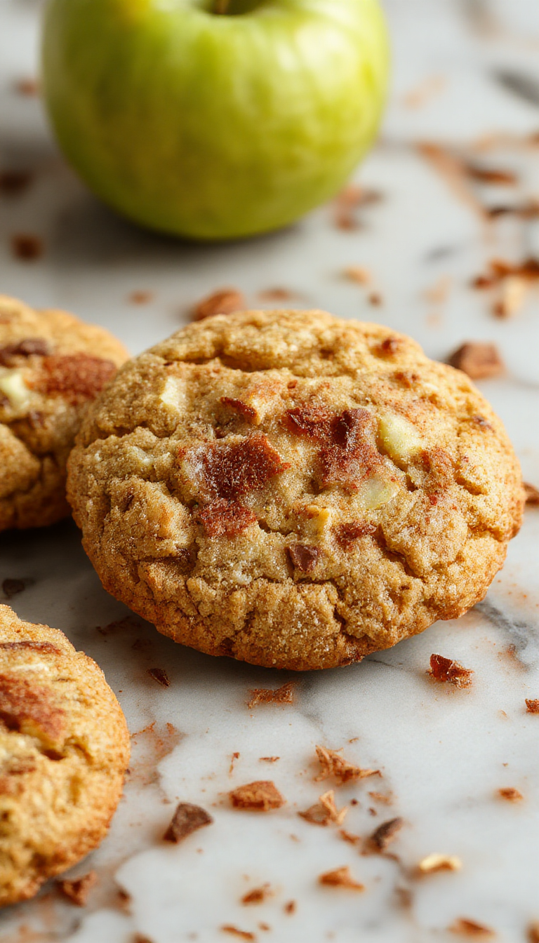 A close-up of golden-brown apple cinnamon snickerdoodle cookies arranged on a rustic wooden platter, showcasing their cinnamon sugar coating, with visible apple bits and a slightly cracked surface, styled with a sprinkle of cinnamon on top and a cozy kitchen background with soft natural lighting.