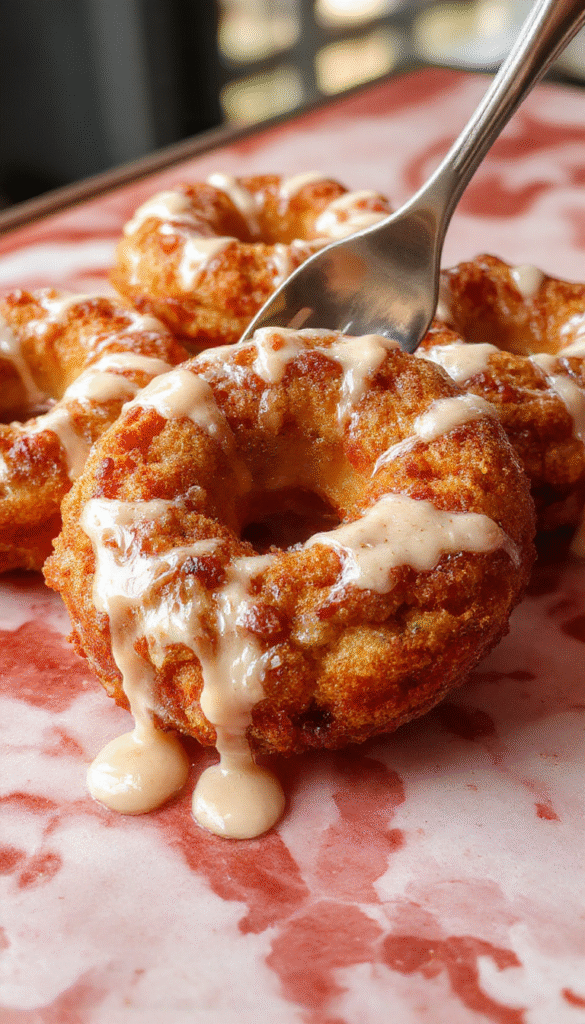 Golden-brown baked apple fritters drizzled with a shiny, sugary glaze, arranged on a white plate with a sprinkle of powdered sugar, with sliced apples and cinnamon sticks in the background, styled on a rustic wooden table with soft natural lighting.