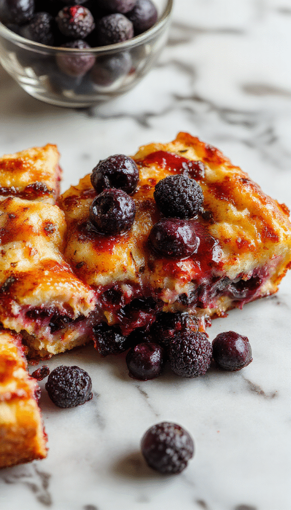 A colorful baked French toast casserole topped with fresh blueberries and powdered sugar on a rustic wooden platter, garnished with mint leaves, with a glass of orange juice and syrup beside it, styled with a fork on a soft cloth napkin