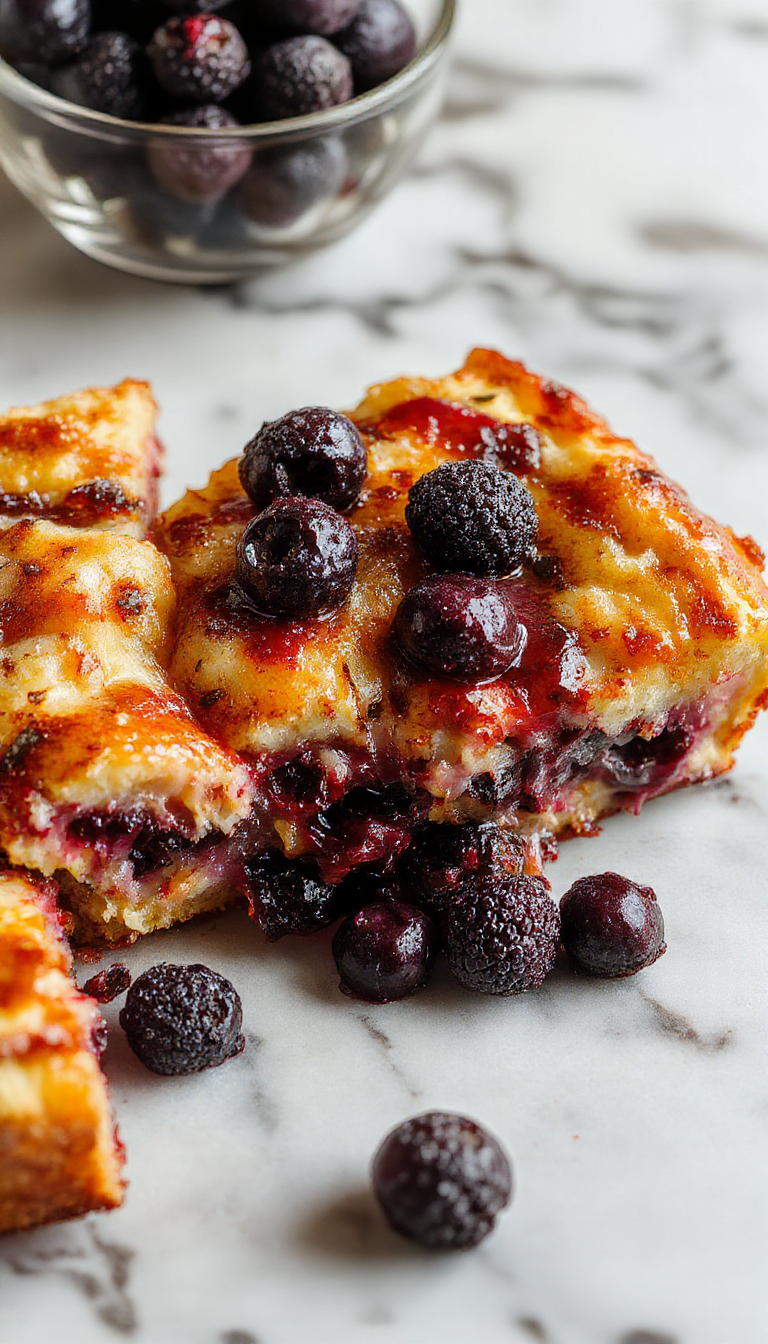 A colorful baked French toast casserole topped with fresh blueberries and powdered sugar on a rustic wooden platter, garnished with mint leaves, with a glass of orange juice and syrup beside it, styled with a fork on a soft cloth napkin