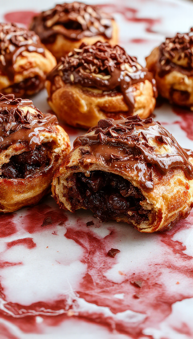 A vibrant, golden-brown breakfast bake featuring flaky croissant layers infused with melted chocolate, topped with powdered sugar, served in a white dish with a fork and fresh berries on a wooden table.