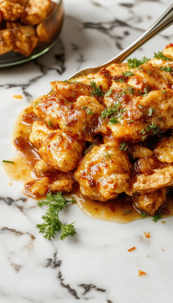 A close-up image of tender bourbon chicken pieces glazed with rich sauce, served on a white plate with garnished green herbs, with a rustic wooden background.
