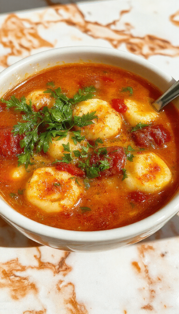 A vibrant bowl of tomato tortellini soup garnished with fresh basil and grated Parmesan cheese, served in a rustic white bowl on a wooden table with a spoon and bread in the background