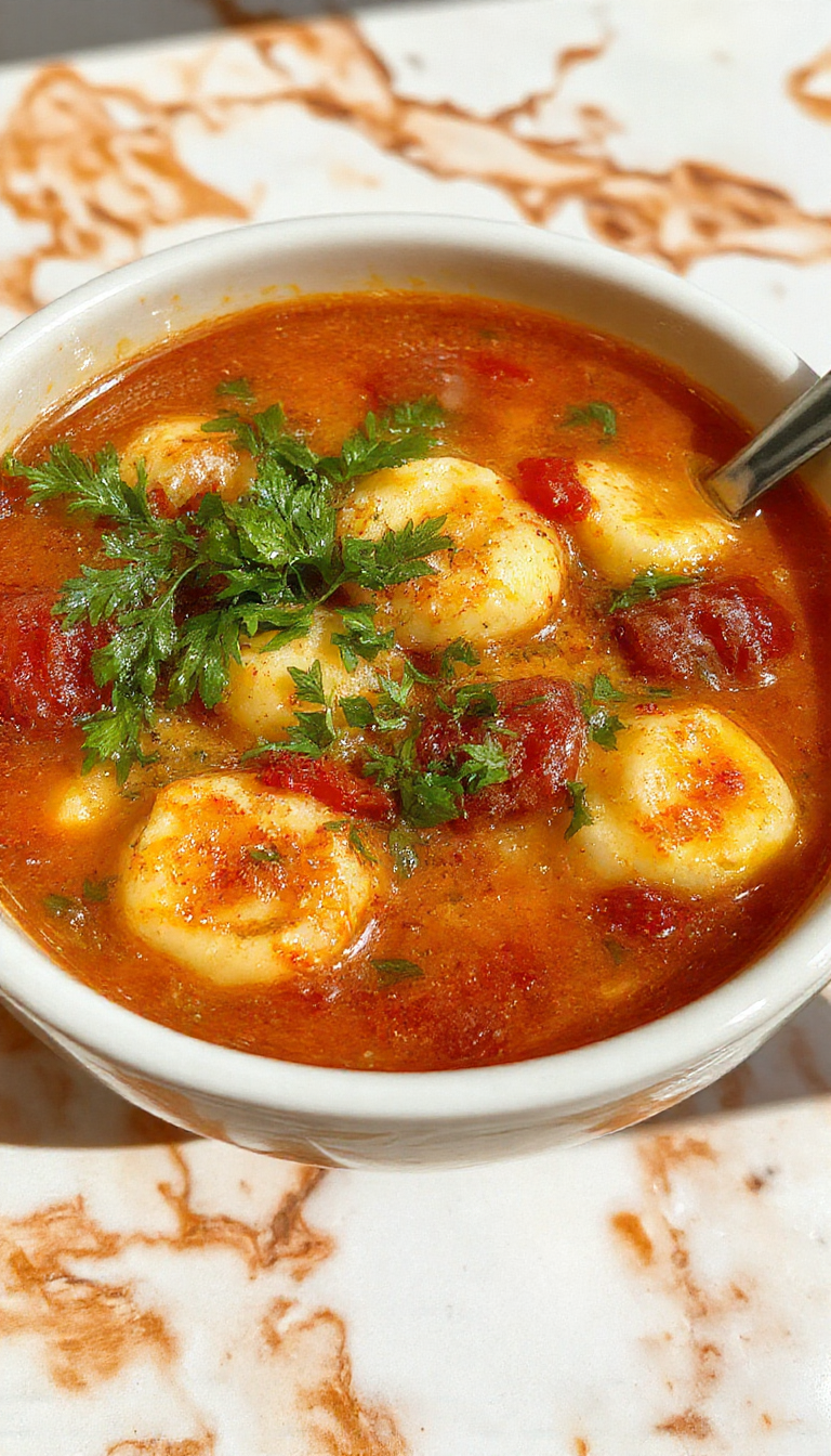 A vibrant bowl of tomato tortellini soup garnished with fresh basil and grated Parmesan cheese, served in a rustic white bowl on a wooden table with a spoon and bread in the background