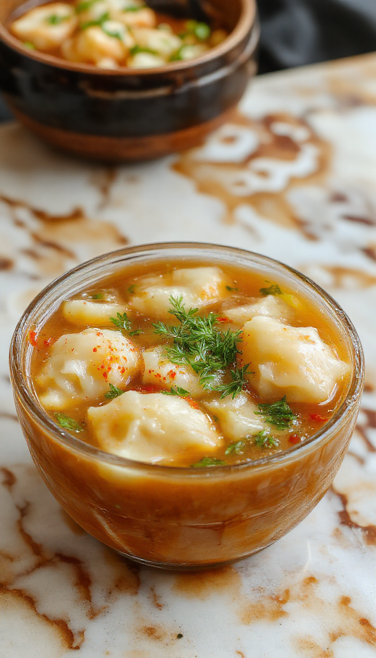 A vibrant bowl of Asian dumpling potsticker soup featuring golden-brown dumplings floating in a clear, savory broth garnished with chopped green onions and cilantro, served in a rustic white bowl on a wooden table, with steam rising, highlighting textures of juicy dumplings and fresh herbs.