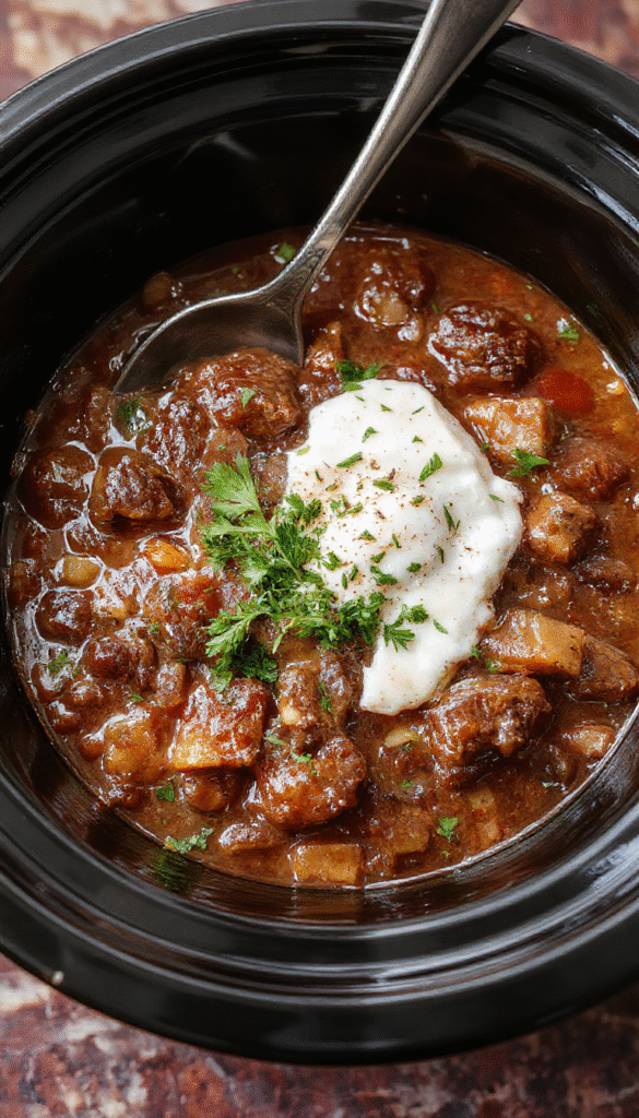 A steaming bowl of American Goulash with tender beef, vibrant red tomato sauce, and melted cheese, topped with fresh parsley, served in a rustic bowl on a wooden table.