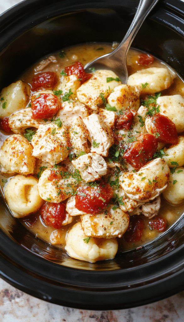 A vibrant plate of creamy chicken tortellini garnished with fresh herbs, served in a white bowl with a colorful napkin, soft steam rising, showcasing tender tortellini and shredded chicken.