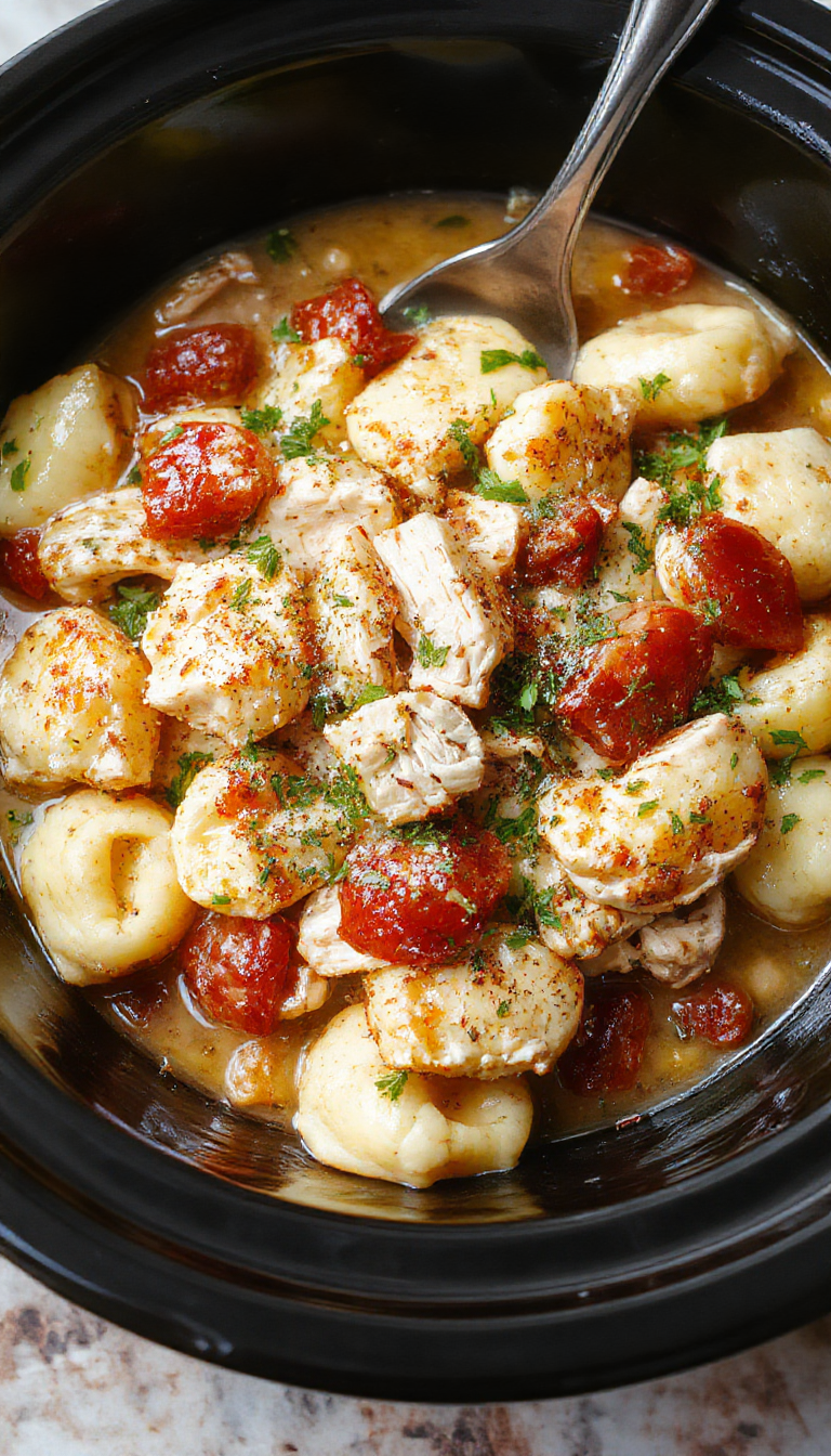 A vibrant plate of creamy chicken tortellini garnished with fresh herbs, served in a white bowl with a colorful napkin, soft steam rising, showcasing tender tortellini and shredded chicken.