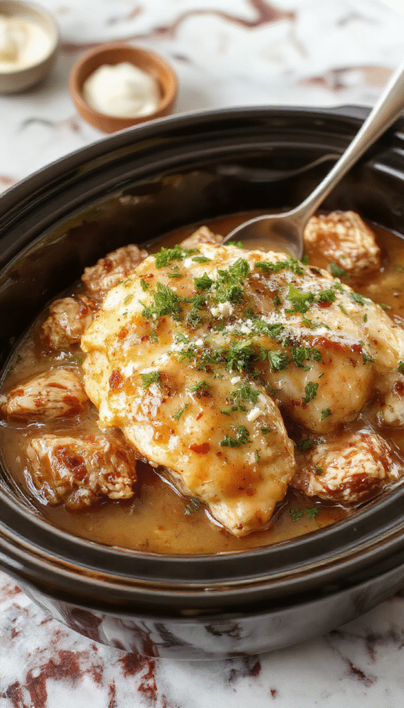 A comforting bowl of shredded cooked chicken covered in rich, creamy gravy, garnished with chopped parsley on a rustic wooden table, with crockpot and ingredients in the background.