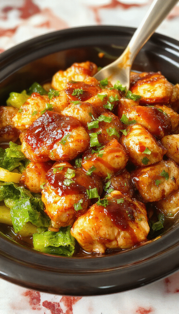 A glazed crockpot teriyaki chicken served on a white plate, garnished with green onions and sesame seeds, with steam rising and a vibrant glossy sauce coating the tender chicken pieces.