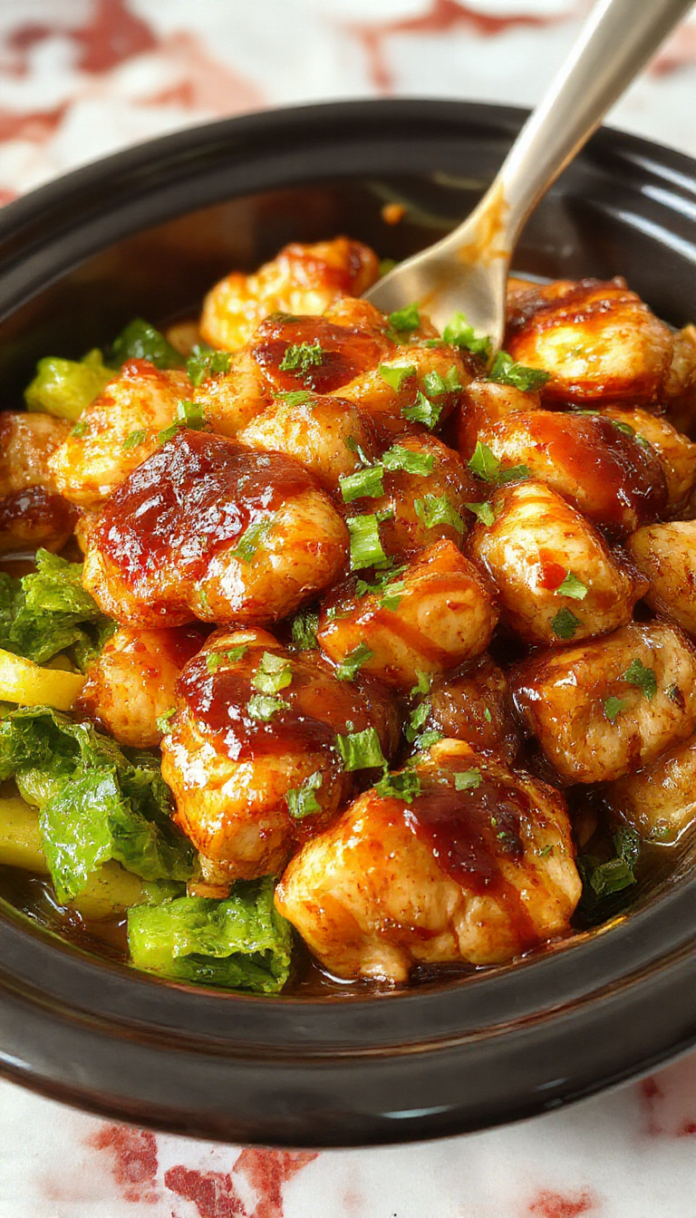 A glazed crockpot teriyaki chicken served on a white plate, garnished with green onions and sesame seeds, with steam rising and a vibrant glossy sauce coating the tender chicken pieces.