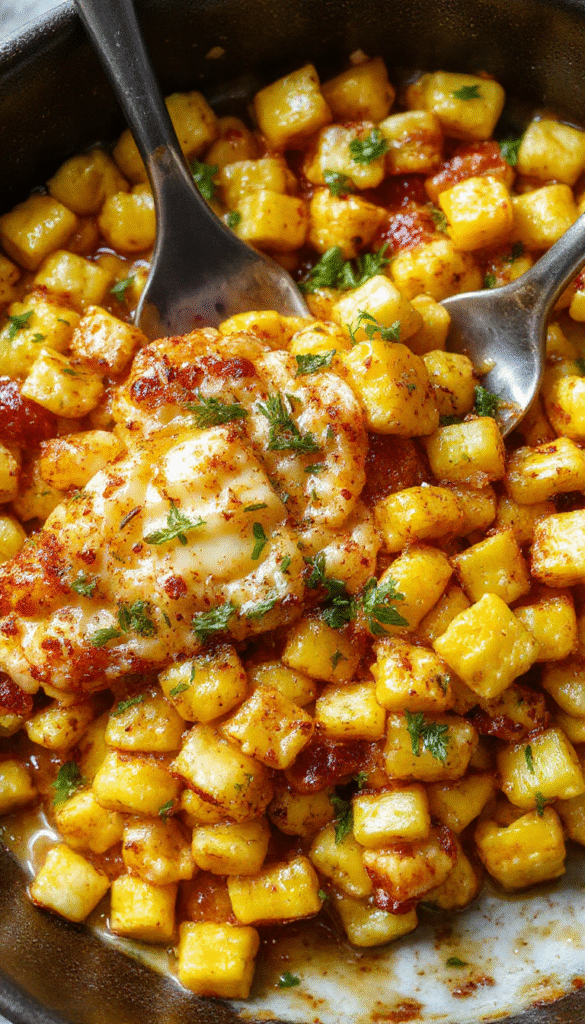 A vibrant skillet filled with golden yellow corn kernels coated in glossy honey butter, garnished with chopped herbs and served on a rustic wooden table with a warm atmosphere.