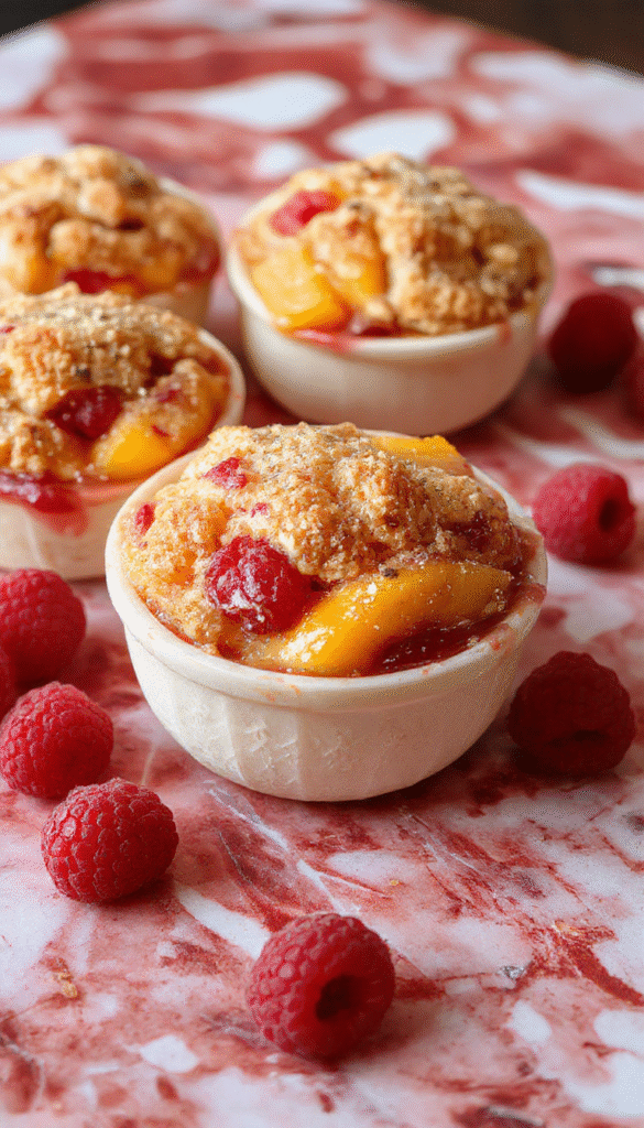 A vibrant plate featuring a freshly baked peach and raspberry cobbler with golden-brown crust, topped with fresh peach slices and raspberries, garnished with mint leaves on a rustic wooden table, showcasing a colorful, inviting dessert with a crumbly texture.