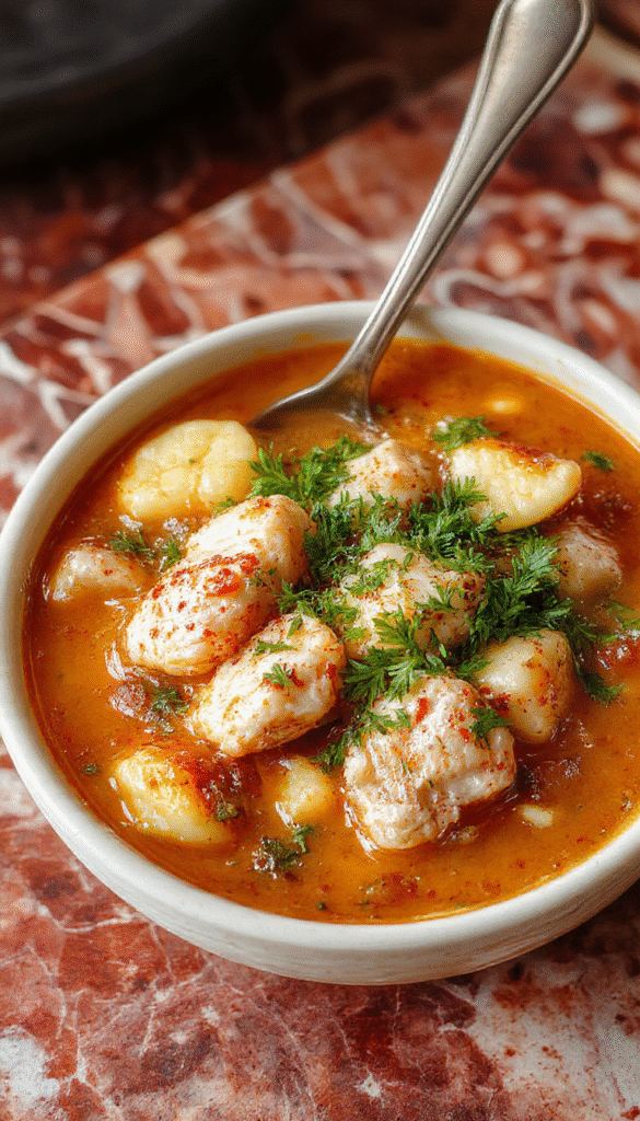 A steaming bowl of creamy chicken gnocchi soup topped with green herbs, showcasing tender gnocchi, shredded rotisserie chicken, and vibrant vegetables, all in a rustic white bowl on a wooden table
