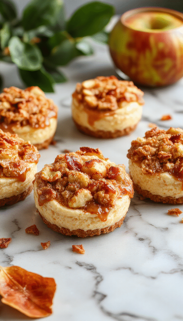 A close-up of four mini cheesecakes topped with caramelized apple slices and a drizzle of caramel sauce on a rustic wooden platter, surrounded by cinnamon sticks and fresh apples, with a warm autumn background and soft natural lighting highlighting the textures and inviting fall colors.