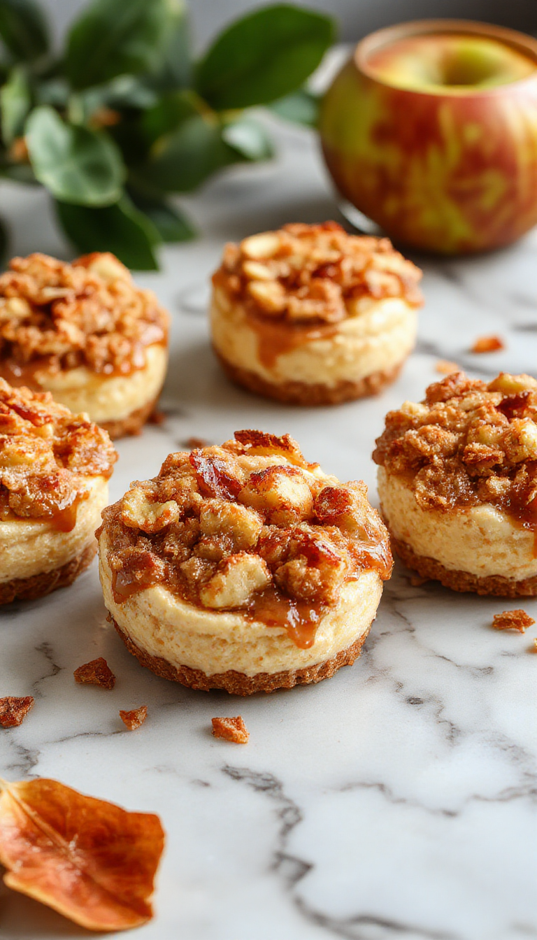 A close-up of four mini cheesecakes topped with caramelized apple slices and a drizzle of caramel sauce on a rustic wooden platter, surrounded by cinnamon sticks and fresh apples, with a warm autumn background and soft natural lighting highlighting the textures and inviting fall colors.